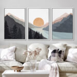 Sun Mountain Landscape Range Abstract Lake Nature Wall Art Decor Framed Canvas 3 Pieces Print Set