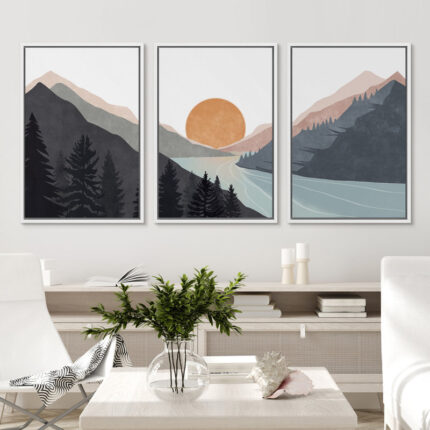 Sun Mountain Landscape Range Abstract Lake Nature Wall Art Decor Framed Canvas 3 Pieces Print Set - Chic Decora