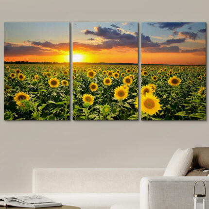 Sunflower ” Field Of Blooming Sunflowers At Sunset ” 3 – Pieces - Chic Decora
