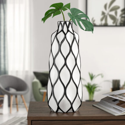Sushmita 15″ Black Outline Handmade Ceramic White Table Vase - Chic Decora