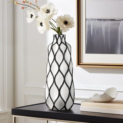 Sushmita 15″ Black Outline Handmade Ceramic White Table Vase - Chic Decora