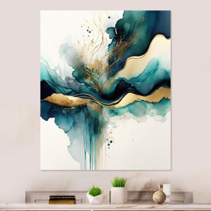 Teal And Gold Abstract Expression III – Abstract Liquid Ink Wall Art - Chic Decora