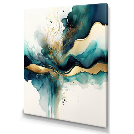 Teal And Gold Abstract Expression III – Abstract Liquid Ink Wall Art - Chic Decora