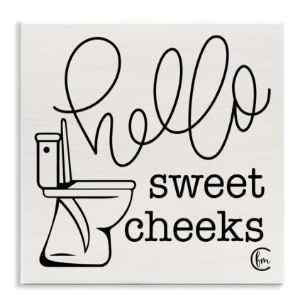 Toilet Hello Sweet Cheeks Black and White Curly Script Cursive by Penny Lane Publishing – Textual Art on Canvas - Chic Decora