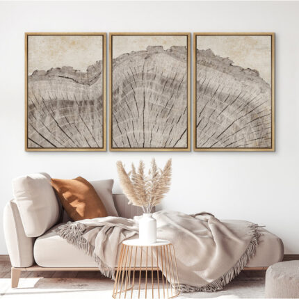 Tree Ring Rustic Oak Wood Farmhouse Decor Neutral Modern Organic Framed Canvas 3 Piece Print Art - Chic Decora