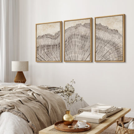 Tree Ring Rustic Oak Wood Farmhouse Decor Neutral Modern Organic Framed Canvas 3 Piece Print Art - Chic Decora