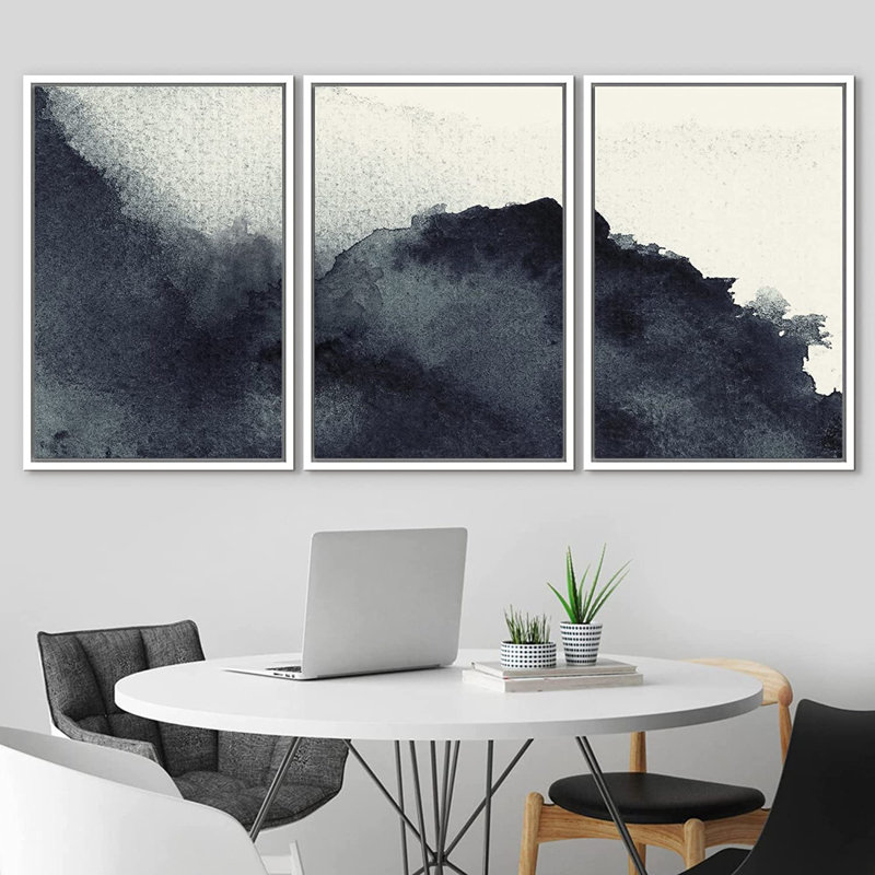 Triptych Faded Gradient Zen Ink Dots Abstract Framed Canvas Art 3 Pieces Painting Print Wall Decor - Chic Decora