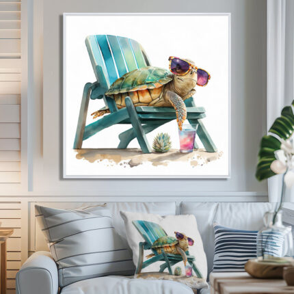 Turtle Laying On A Beach Chair With Sunglasses I – Turtle Wall Art for Living Room - Chic Decora