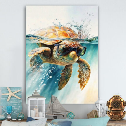 Turtle With Glasses In The Ocean III – Turtle Wall Art - Chic Decora