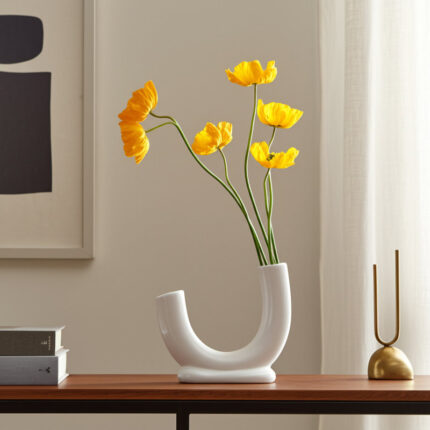 Vases Stoneware Ceramic Sculptural Arch Tube Form Modern Single Decorative Accent Vase Contemporary Curved Ceramic Stoneware Vessel for Floral Display Abstract U-Shape Statement Vase Decor - Chic Decora