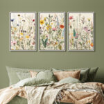 Vibrant Wildflower " Colorful Boho French Floral Decor " Large Framed Canvas Print 3 Pieces Wall Art - Image 5