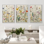 Vibrant Wildflower " Colorful Boho French Floral Decor " Large Framed Canvas Print 3 Pieces Wall Art