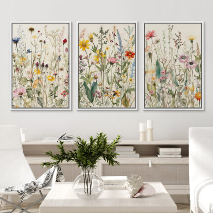 Vibrant Wildflower ” Colorful Boho French Floral Decor ” Large Framed Canvas Print 3 Pieces Wall Art - Chic Decora