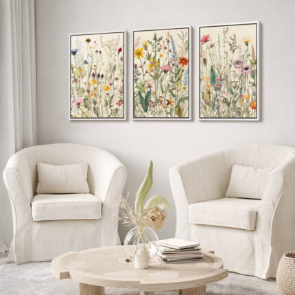 Vibrant Wildflower ” Colorful Boho French Floral Decor ” Large Framed Canvas Print 3 Pieces Wall Art - Chic Decora