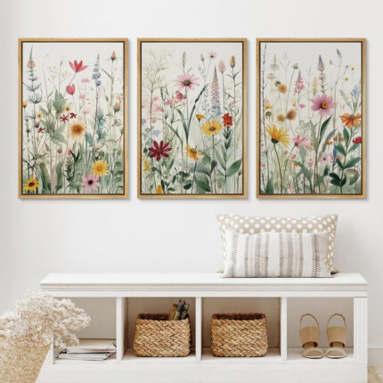 Vibrant Wildflower Green Garden Floral Boho Artwork Framed On Canvas 3 Piece Paintings Print Wall Decor - Chic Decora