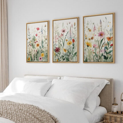 Vibrant Wildflower Green Garden Floral Boho Artwork Framed On Canvas 3 Piece Paintings Print Wall Decor - Chic Decora