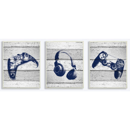 Video Gamer Trio Controllers Headset Triptych Wall Plaque Art Set by Daphne Polselli - Chic Decora