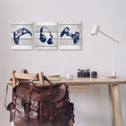 Video Gamer Trio Controllers Headset Triptych Wall Plaque Art Set by Daphne Polselli - Chic Decora