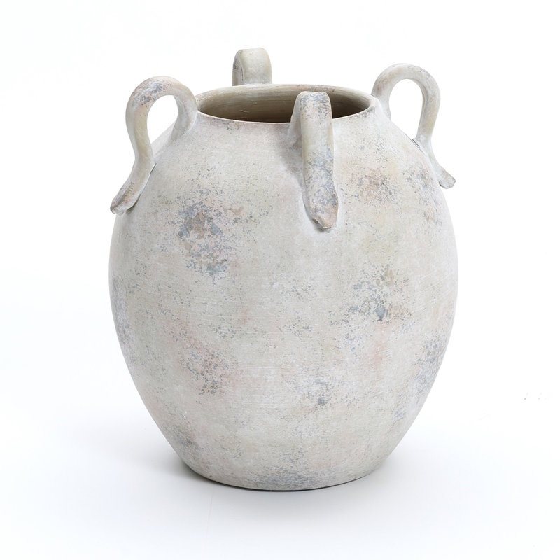 Vintage Mutli-Color Gray and White Terracotta 11-Inch Round Amphora Vase with Handles - Image 2