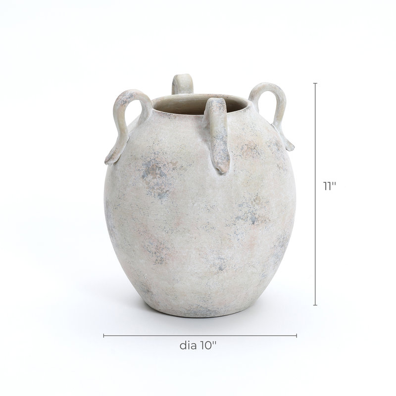 Vintage Mutli-Color Gray and White Terracotta 11-Inch Round Amphora Vase with Handles - Image 5