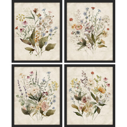 Vintage Wildflowers Bouquet Antique Botanical Floral Pictures Framed Paper 4 Pieces Print Wall Art - Chic Decora