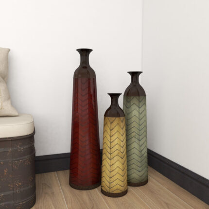 Waltham Multi Colored Metal Tall Enameled Bottleneck Floor Decorative Vase with Chevron Pattern - Chic Decora
