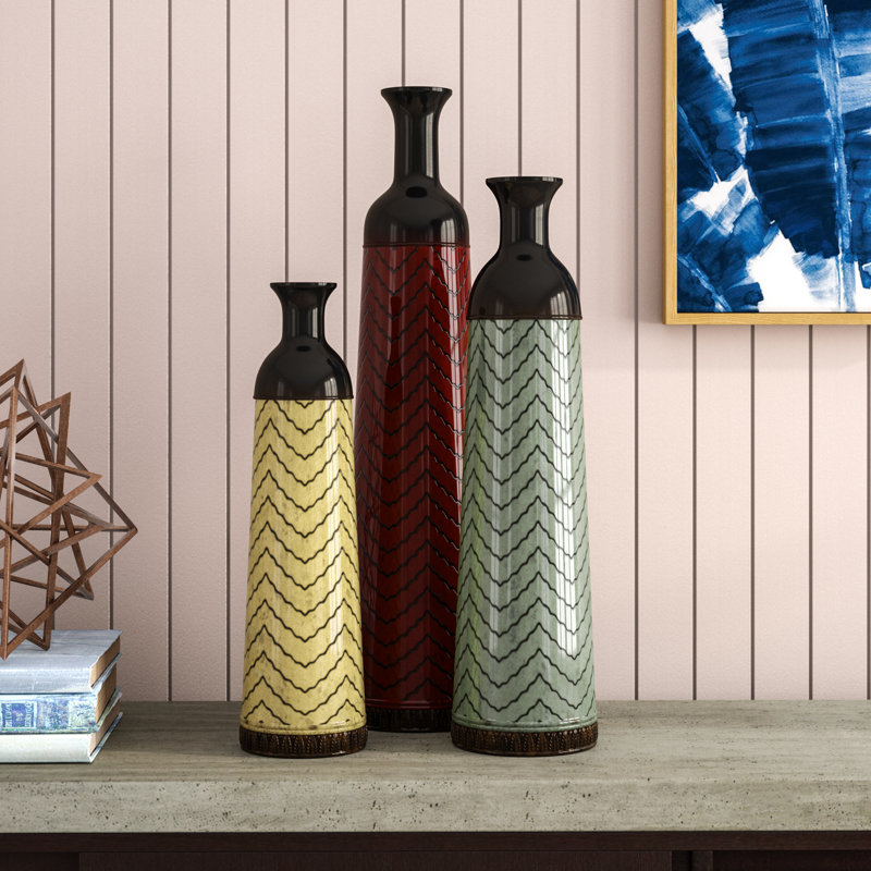 Waltham Multi Colored Metal Tall Enameled Bottleneck Floor Decorative Vase with Chevron Pattern - Image 1