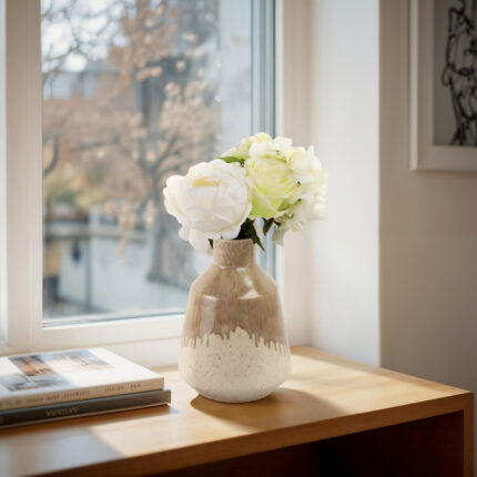 Warm Rustic Ceramic Table Vase for Home Decor, Decorative Flower Vase with Glazed Finish and Timeless Shape, Perfect for Displaying Fresh or Faux Floral Arrangements in Any Room – Tan & Cream - Chic Decora