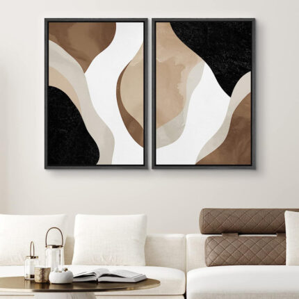 Watercolor Tan Brown Waves Organic Modern Abstract Wall Art Framed On Canvas 2 Piece Painting Print - Chic Decora