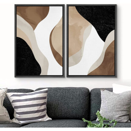 Watercolor Tan Brown Waves Organic Modern Abstract Wall Art Framed On Canvas 2 Piece Painting Print - Chic Decora