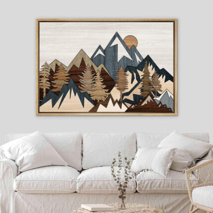 Western Wood Effect Landscape 3D Illusion Mountain Rustic Pictures Framed Canvas Print Wall Art - Chic Decora