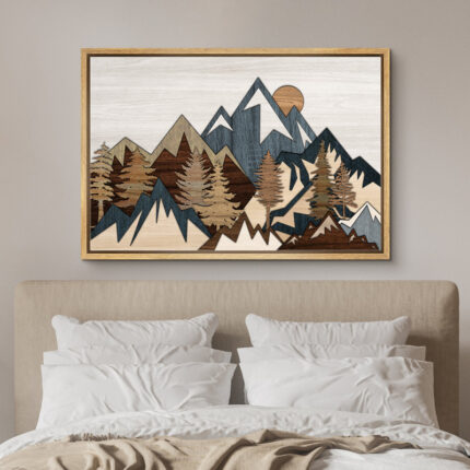 Western Wood Effect Landscape 3D Illusion Mountain Rustic Pictures Framed Canvas Print Wall Art - Chic Decora