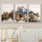 Western Wood Effect Landscape Country Mountain Forest Cabin Farmhouse Decor Framed Canvas 3 Pieces Print Wall Art - Image 7