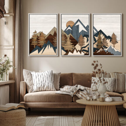 Western Wood Effect Landscape Country Mountain Forest Cabin Farmhouse Decor Framed Canvas 3 Pieces Print Wall Art - Chic Decora