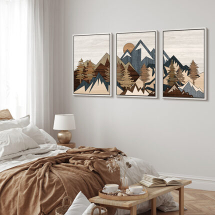 Western Wood Effect Landscape Country Mountain Forest Cabin Farmhouse Decor Framed Canvas 3 Pieces Print Wall Art - Chic Decora