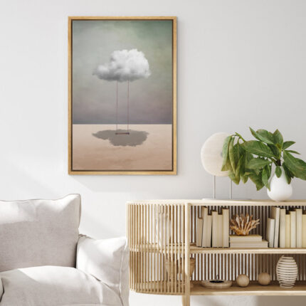 Whimsical Desert Swing On Cloud In Desert – Whimsical Surreal Pictures Neutral Framed Canvas Painting Print Wall Art - Chic Decora