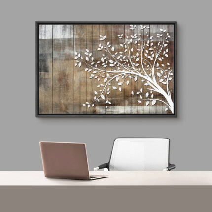 White Tree Branch With Leaves On Wood Effect Background Large Pictures Framed Canvas Print Wall Art - Chic Decora