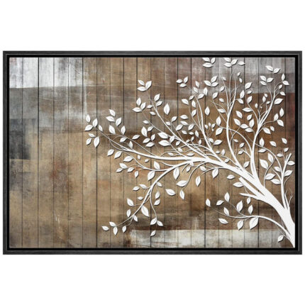White Tree Branch With Leaves On Wood Effect Background Large Pictures Framed Canvas Print Wall Art - Chic Decora