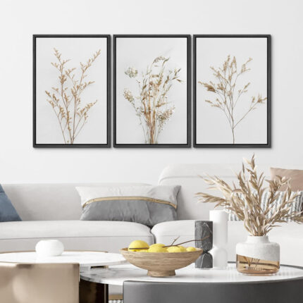 Wildflower Floral Botanical Neutral Boho Minimalist Framed Canvas 3 Pieces Pictures Print Wall Art - Chic Decora