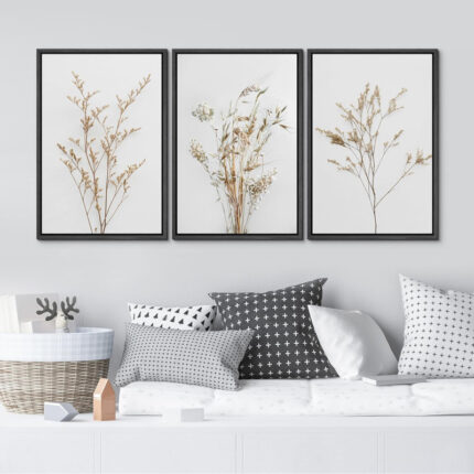 Wildflower Floral Botanical Neutral Boho Minimalist Framed Canvas 3 Pieces Pictures Print Wall Art - Chic Decora