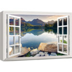 Window Scenery Green Peaceful Lake Natural Landscape Photography Pictures Canvas Print Wall Art - Image 3