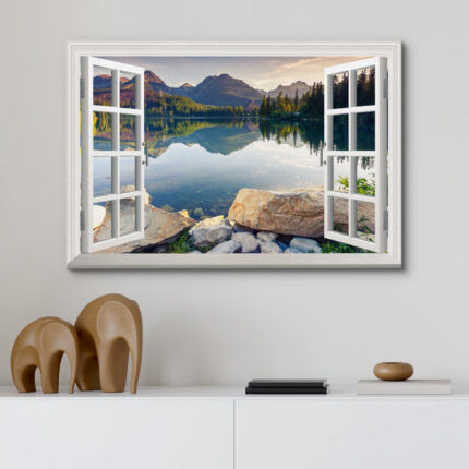 Window Scenery Green Peaceful Lake Natural Landscape Photography Pictures Canvas Print Wall Art - Chic Decora