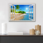 Window Scenery Sunny Blue Sky Tropical Beach Coastal Palm Trees On Canvas Photograph Print Wall Art - Image 4