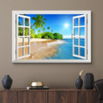 Window Scenery Sunny Blue Sky Tropical Beach Coastal Palm Trees On Canvas Photograph Print Wall Art - Image 8