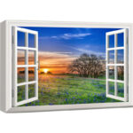 Window Scenery Sunrise Blue Wild Flowers In A Spring Field Nature Scene Large Canvas Print Wall Art - Image 3