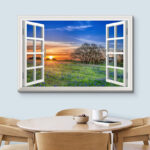 Window Scenery Sunrise Blue Wild Flowers In A Spring Field Nature Scene Large Canvas Print Wall Art - Image 4