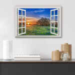 Window Scenery Sunrise Blue Wild Flowers In A Spring Field Nature Scene Large Canvas Print Wall Art