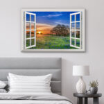 Window Scenery Sunrise Blue Wild Flowers In A Spring Field Nature Scene Large Canvas Print Wall Art - Image 2