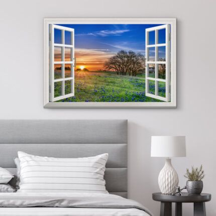 Window Scenery Sunrise Blue Wild Flowers In A Spring Field Nature Scene Large Canvas Print Wall Art - Chic Decora