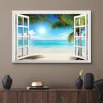 Window Scenery Tropical Green Palm Tree Coastal Beach Blue Ocean Photography Canvas Print Wall Art - Image 5